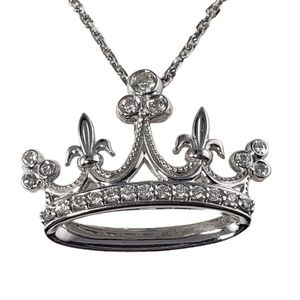 Vintage 14 Karat White Gold and Diamond Crown Pendant Necklace #13705